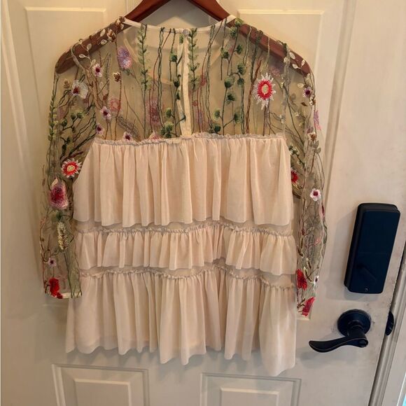 Anthropologie Entro Cream Blouse with Sheer Floral Sleeves - Picture 3 of 4